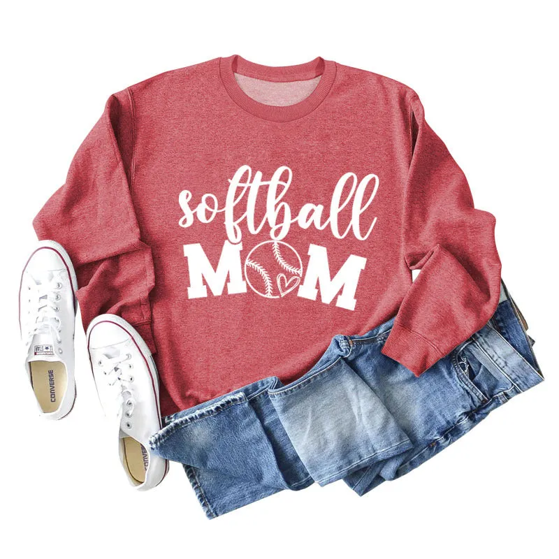 Softball Mom Heart Letters Fashion Loose Long-sleeved Round Neck Sweater