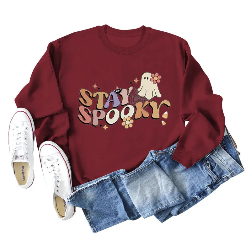 STAY SPOOKY Ghost Letter Loose Print Underlay Long Sleeve Sweater Girl