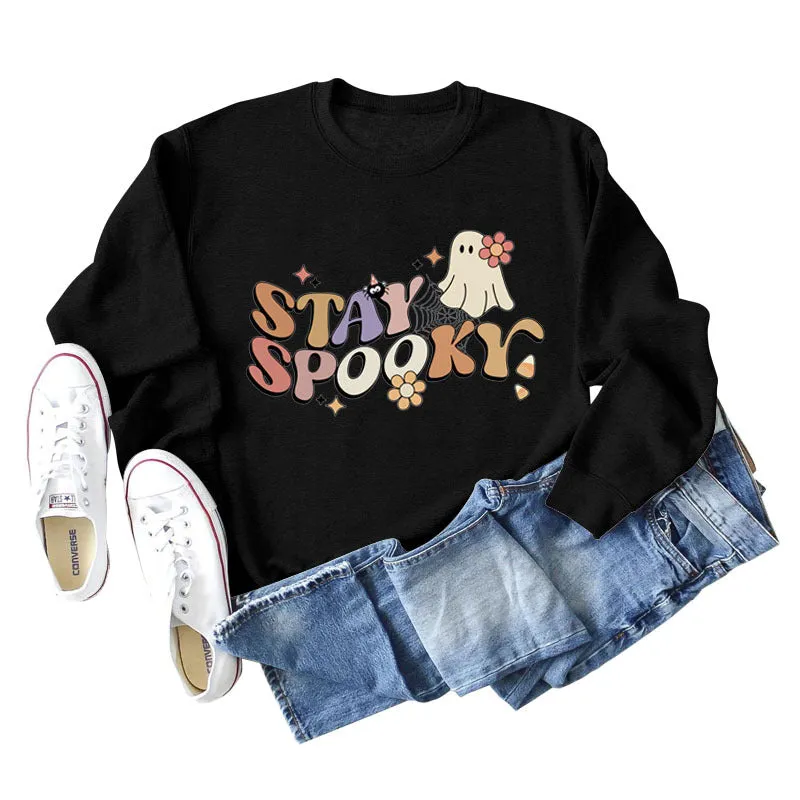 STAY SPOOKY Ghost Letter Loose Print Underlay Long Sleeve Sweater Girl