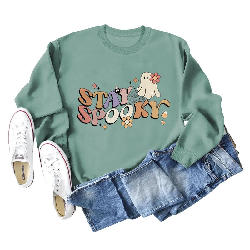 STAY SPOOKY Ghost Letter Loose Print Underlay Long Sleeve Sweater Girl