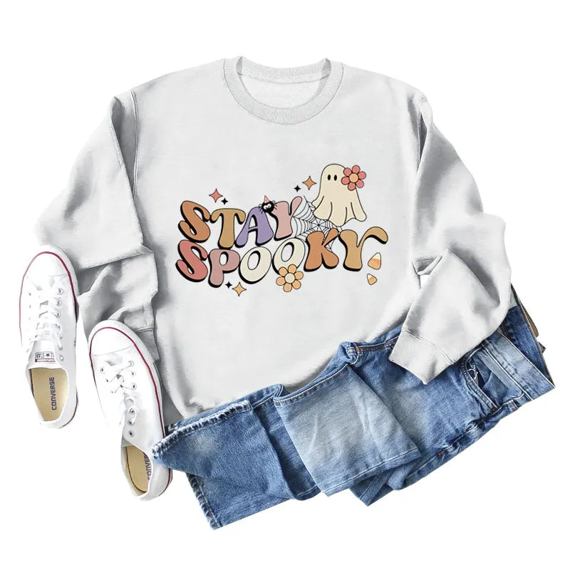 STAY SPOOKY Ghost Letter Loose Print Underlay Long Sleeve Sweater Girl