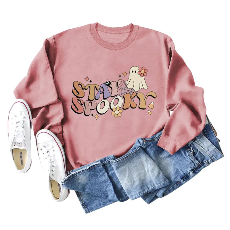 STAY SPOOKY Ghost Letter Loose Print Underlay Long Sleeve Sweater Girl