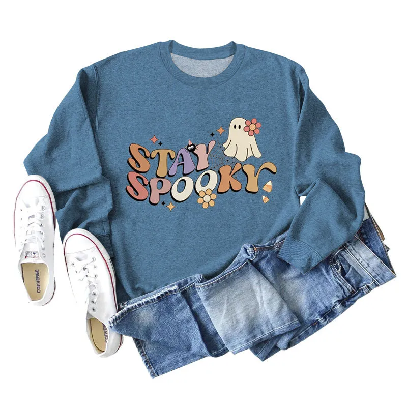 STAY SPOOKY Ghost Letter Loose Print Underlay Long Sleeve Sweater Girl