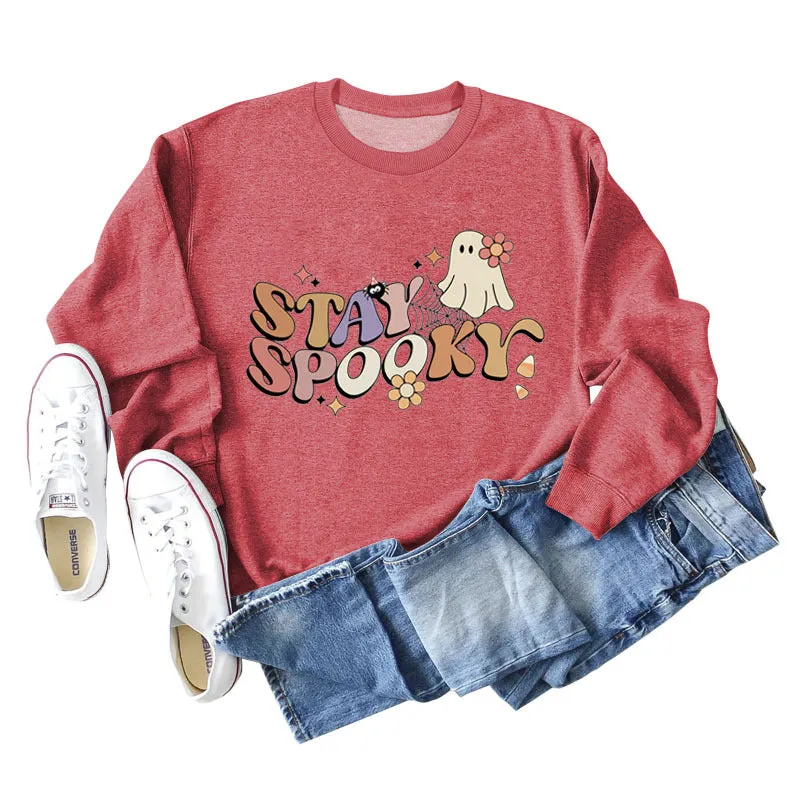 STAY SPOOKY Ghost Letter Loose Print Underlay Long Sleeve Sweater Girl