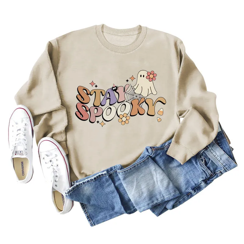 STAY SPOOKY Ghost Letter Loose Print Underlay Long Sleeve Sweater Girl