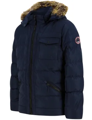 Takumi Borg Lined Quilted Puffer Jacket with Detachable Hood in Sky Captain Navy - Tokyo Laundry Active Tech