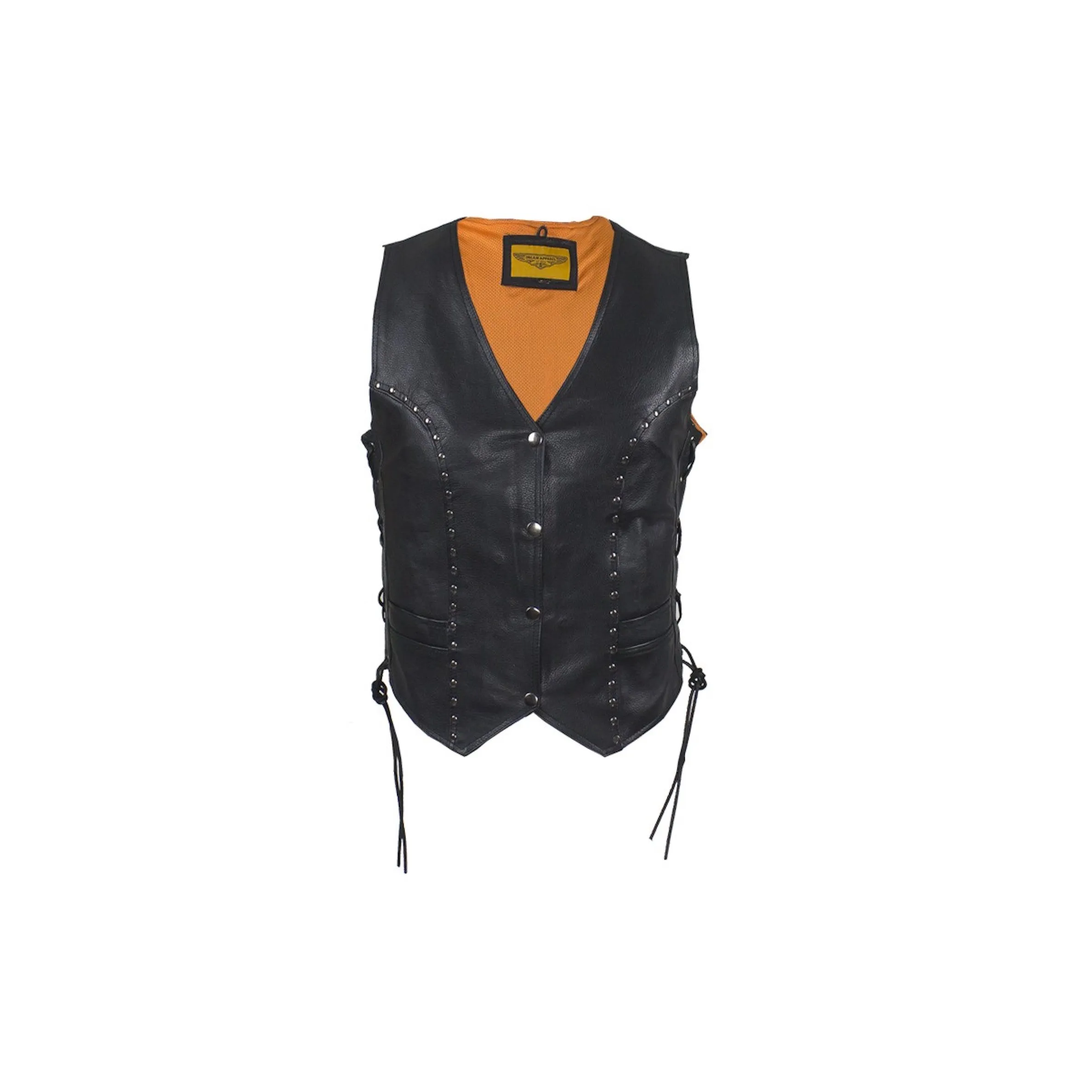 Womens Leather Motorcycle Vest With Studded Front Gun Pockets Side Laces