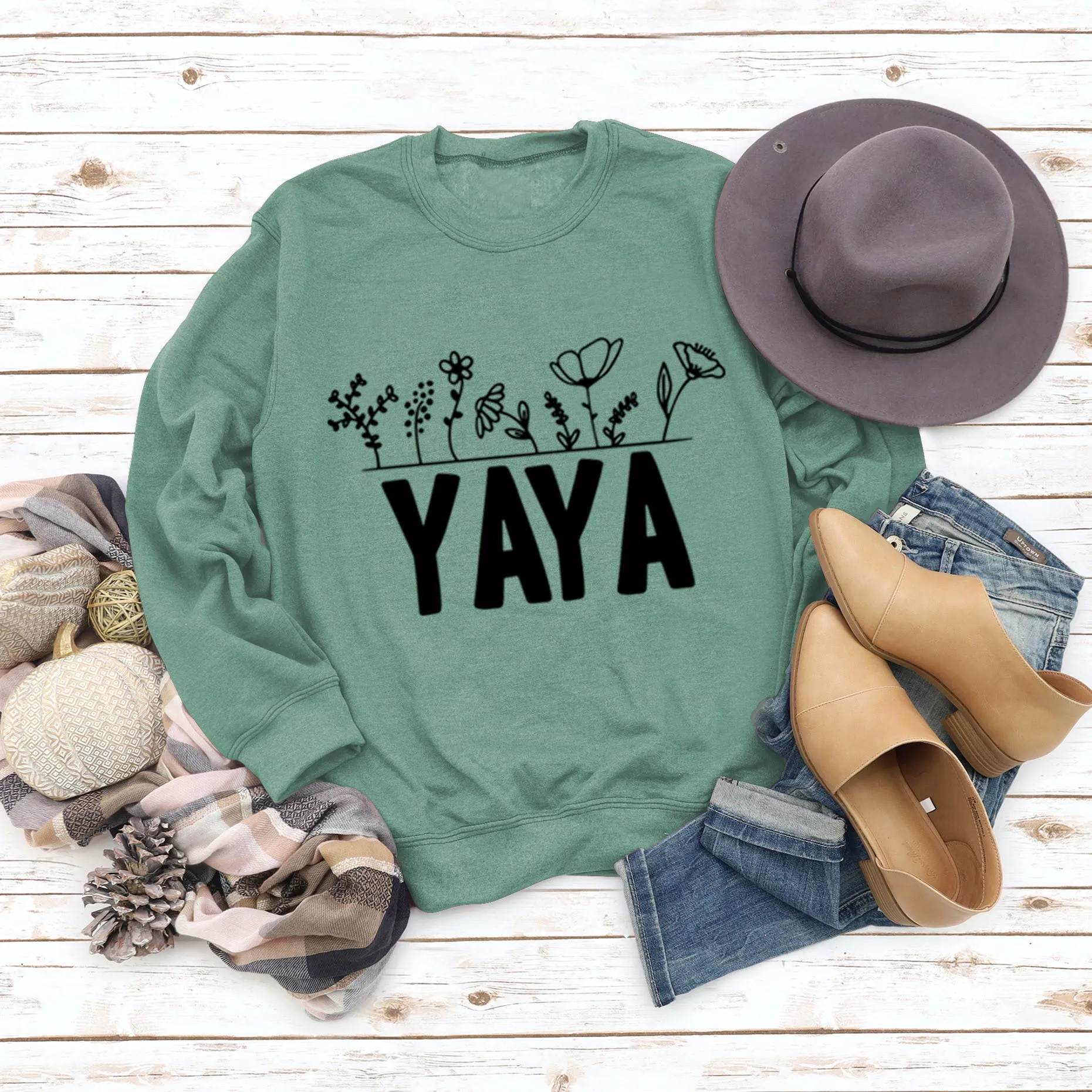 YAYA Plant Flower Letters Round Neck Long-sleeved Women's Sweatshirt