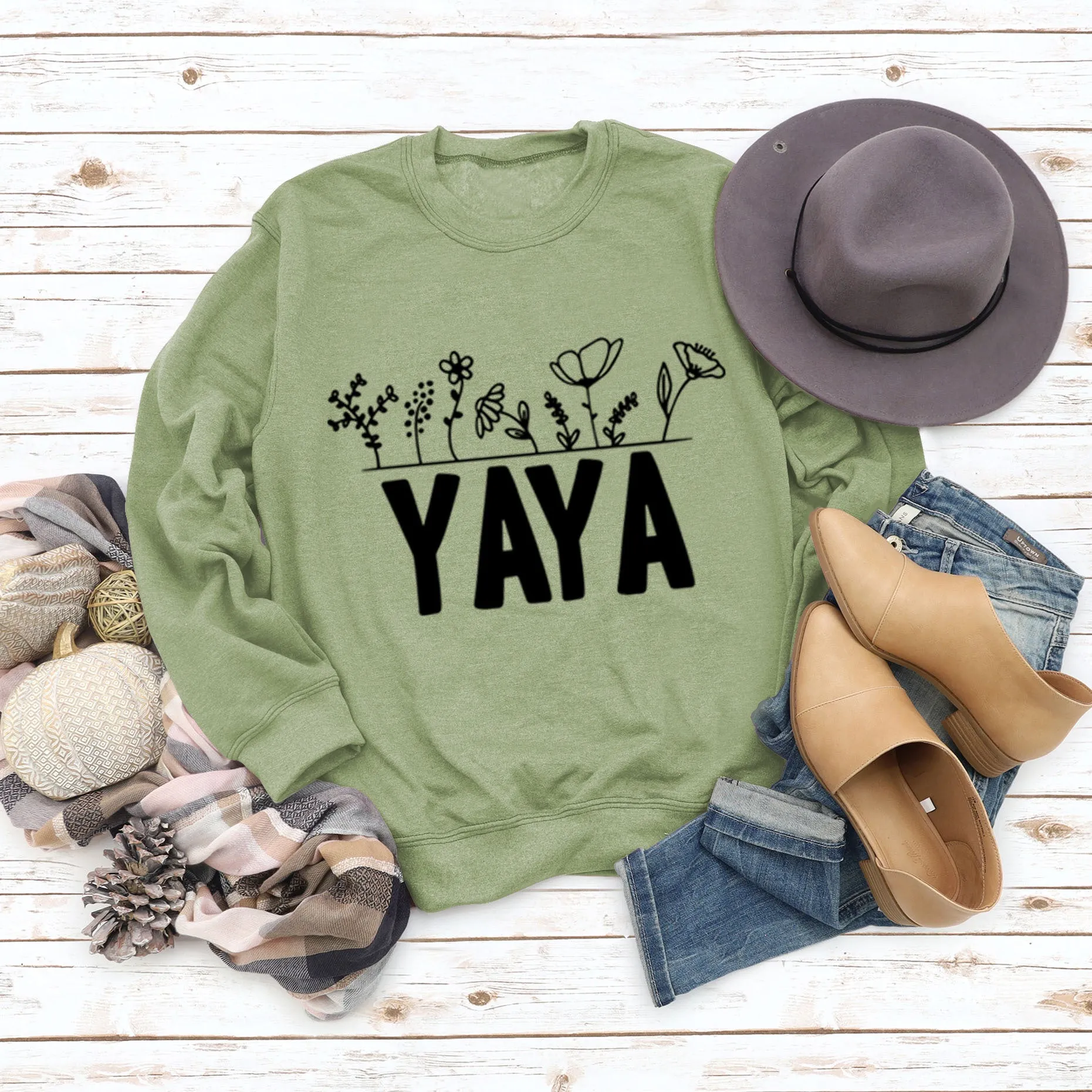 YAYA Plant Flower Letters Round Neck Long-sleeved Women's Sweatshirt