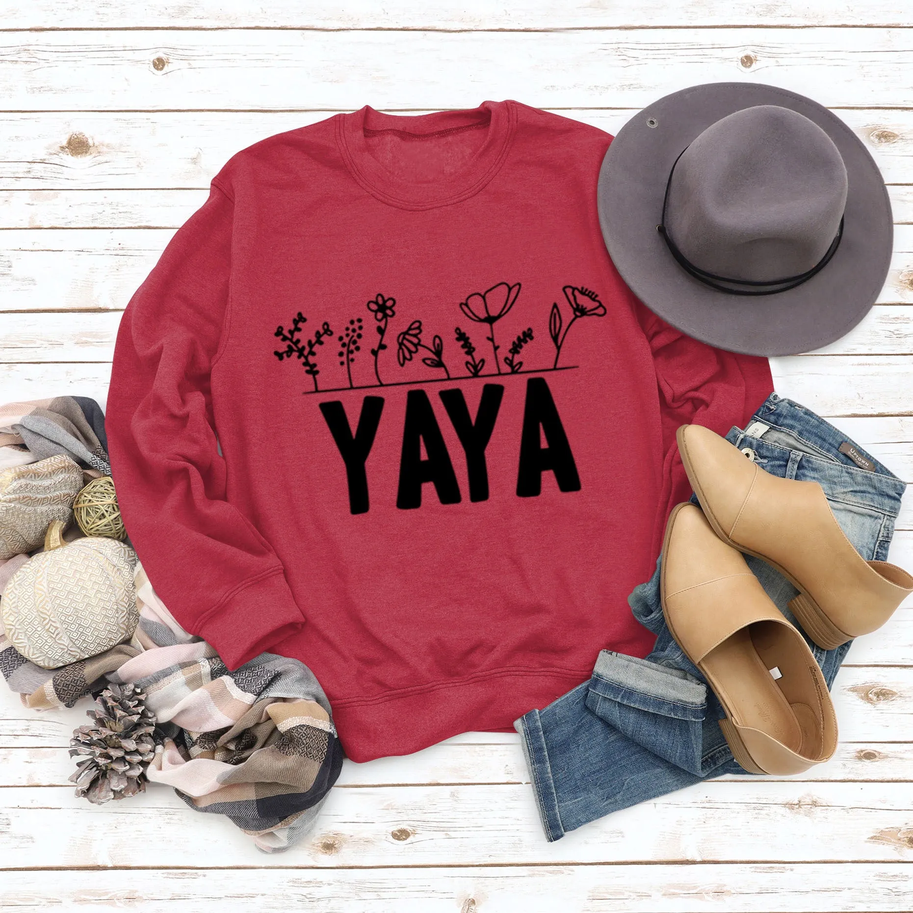 YAYA Plant Flower Letters Round Neck Long-sleeved Women's Sweatshirt