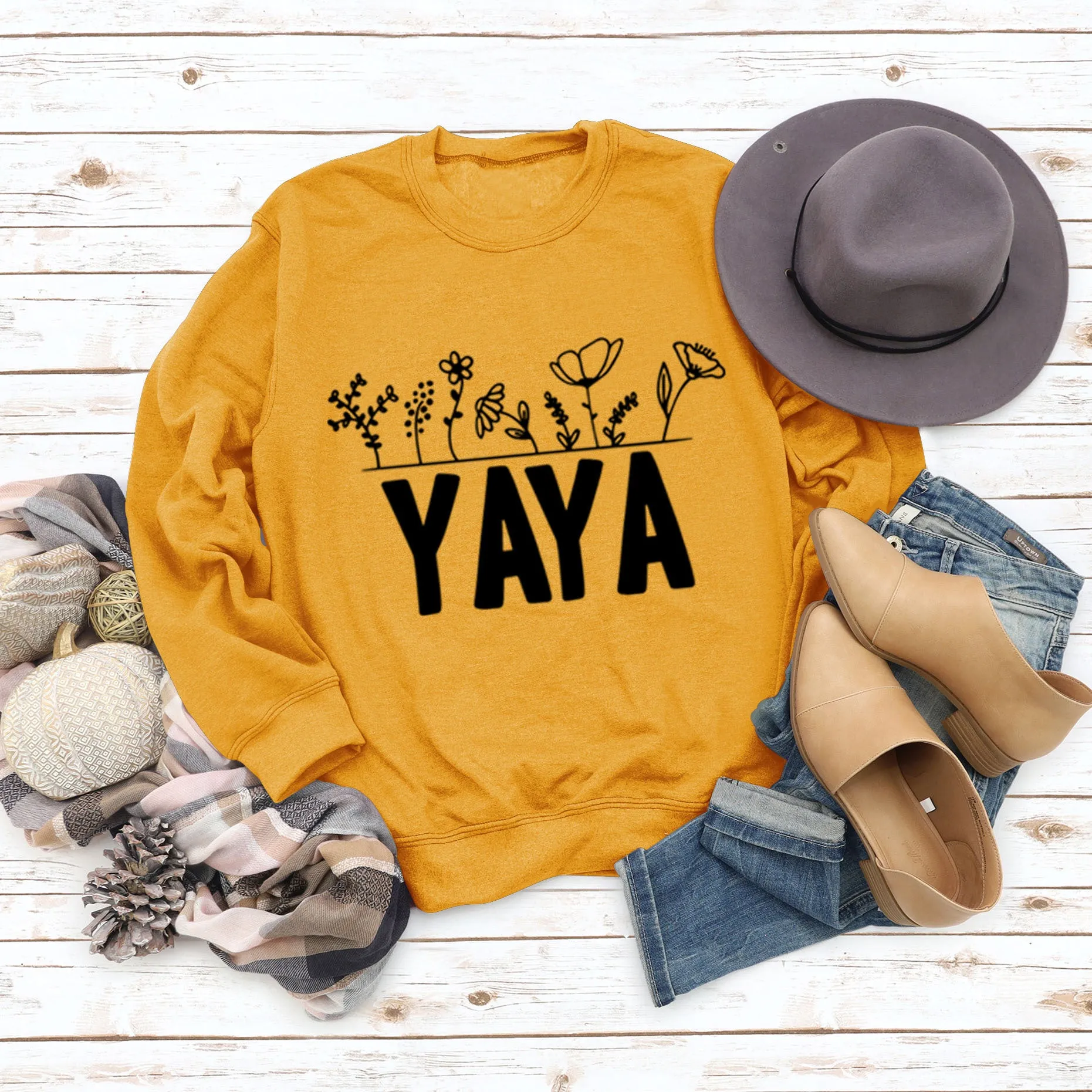 YAYA Plant Flower Letters Round Neck Long-sleeved Women's Sweatshirt