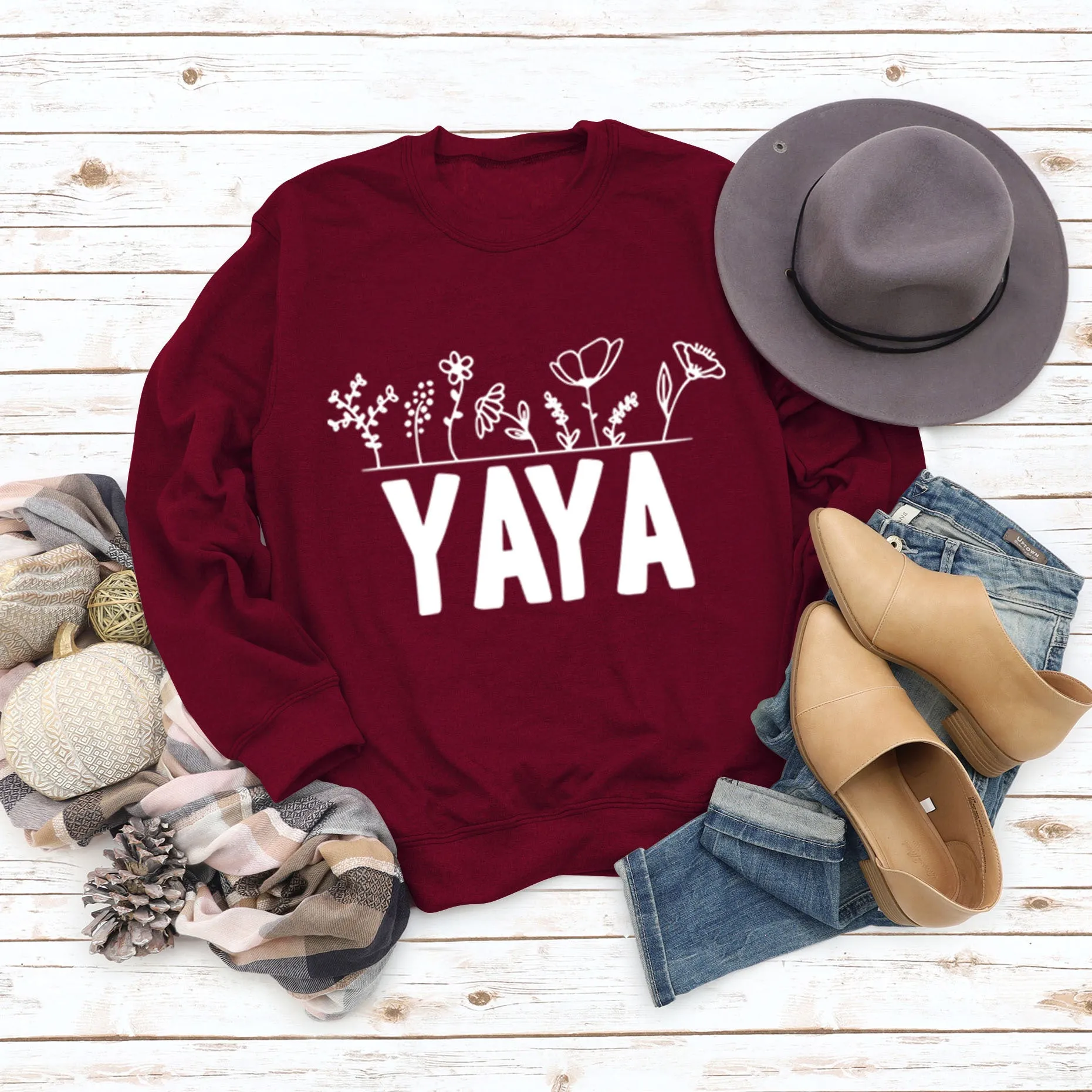 YAYA Plant Flower Letters Round Neck Long-sleeved Women's Sweatshirt